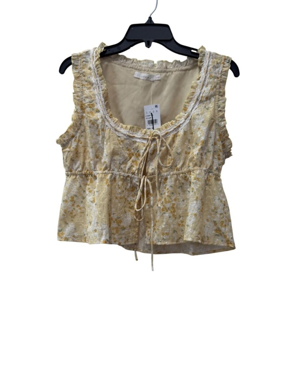 New LUSH Women's Size M Floral Yellow Sleeveless Blouse With Ruffle Trim & Tie
